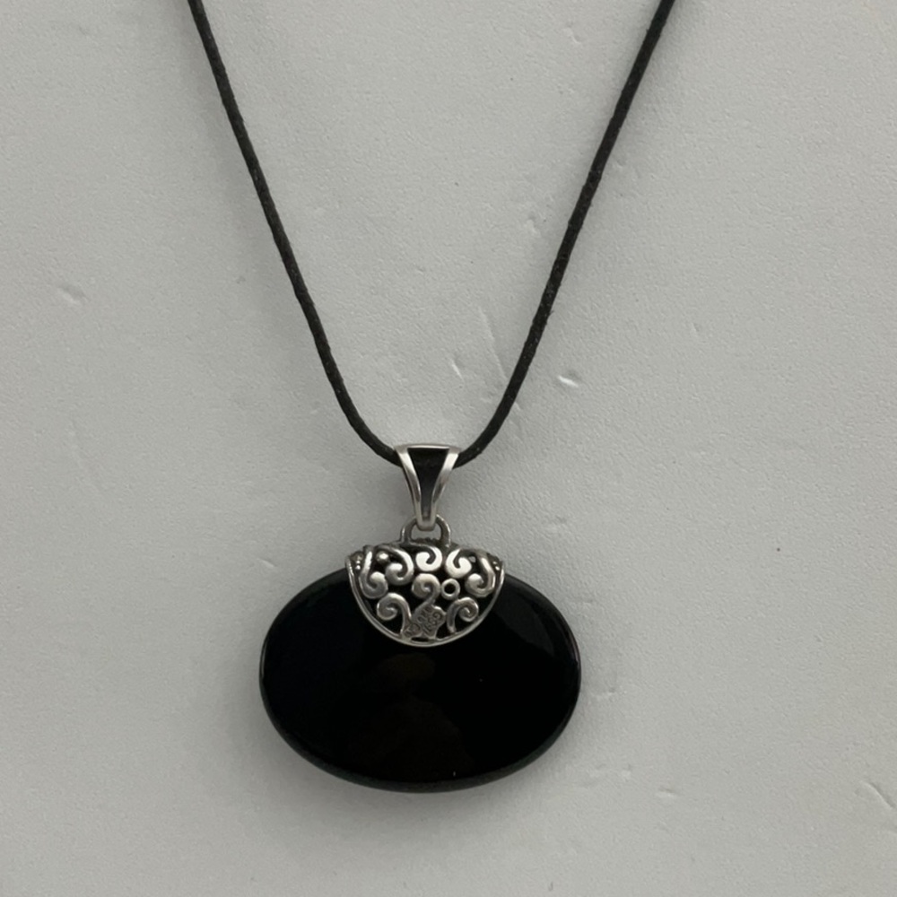 PEYOTE Bird Black Onyx Sterling Silver Pendant Leather Necklace Reversible Adj